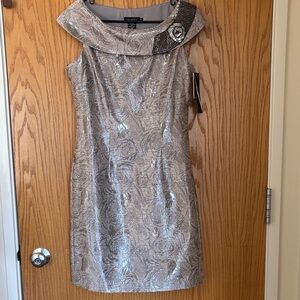 Roulette Silver Metallic Brocade Midi Dress with Embellished Collar Detail